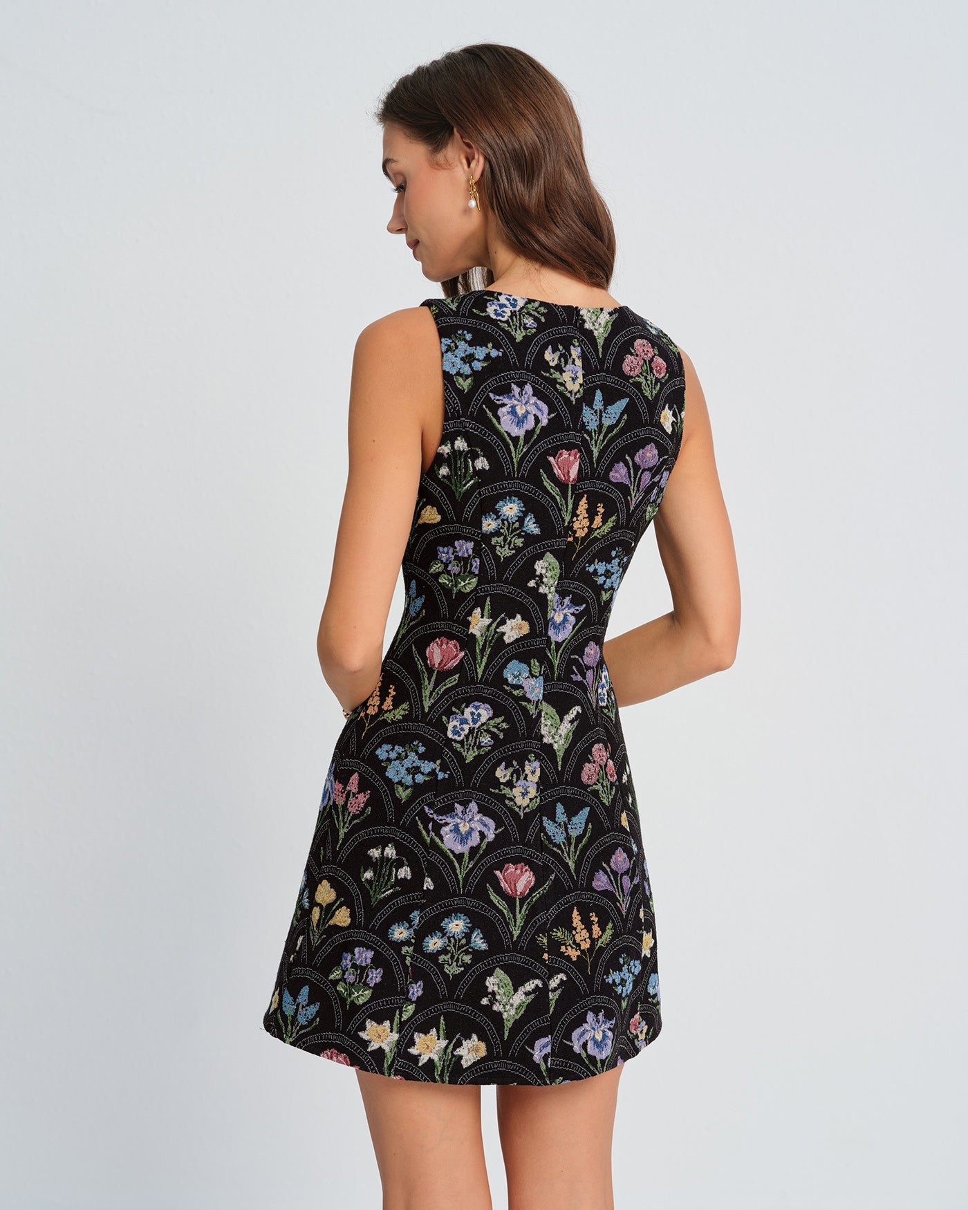 Black Floral Boat Neck Mini Dress | Rihoas