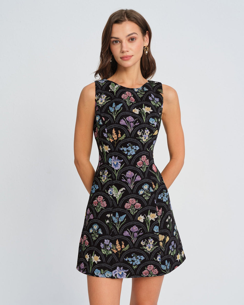 Black Floral Boat Neck Mini Dress | Rihoas