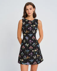 Black Floral Boat Neck Mini Dress | Rihoas
