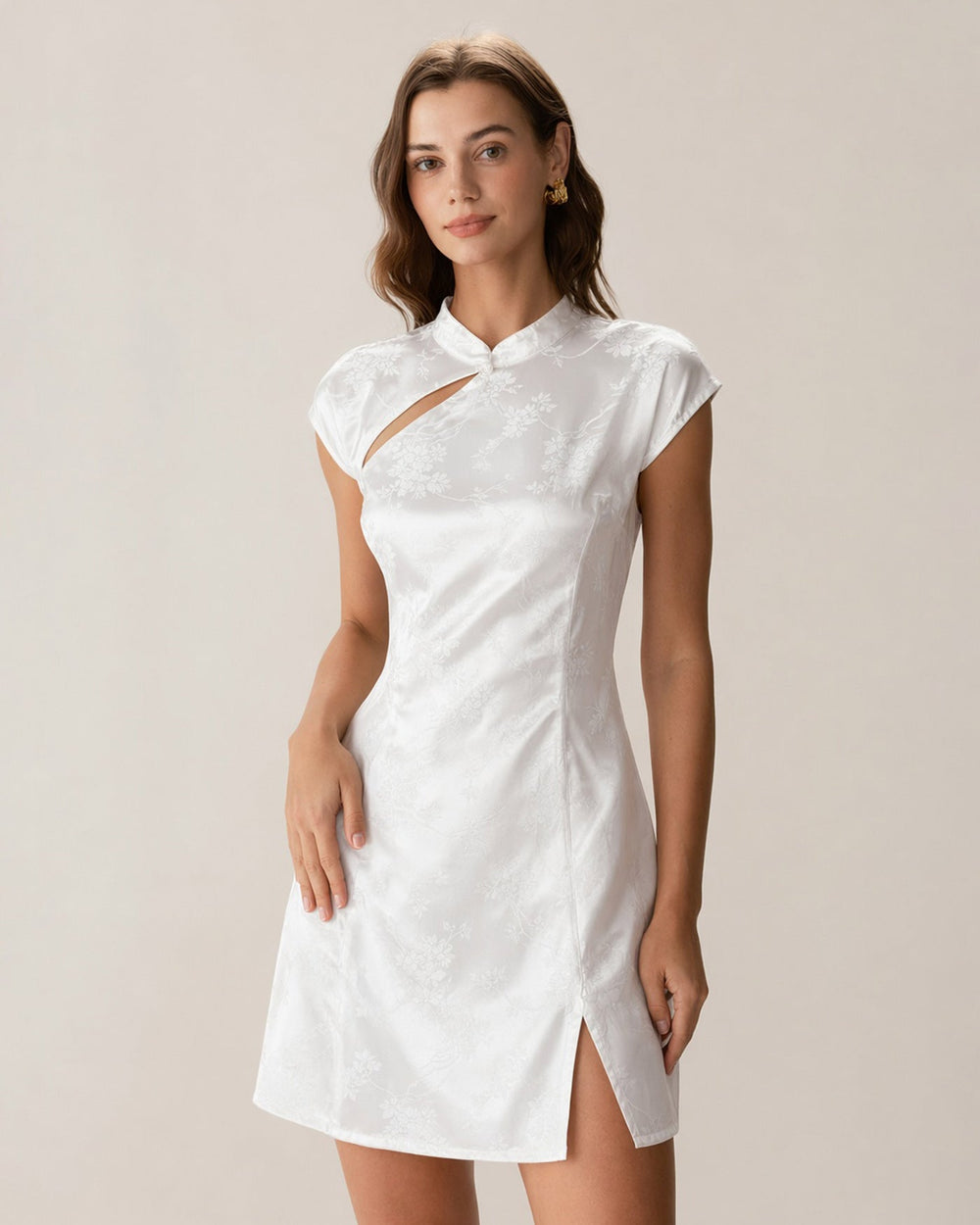 White Mandarin Collar Jacquard Mini Dress | Rihoas