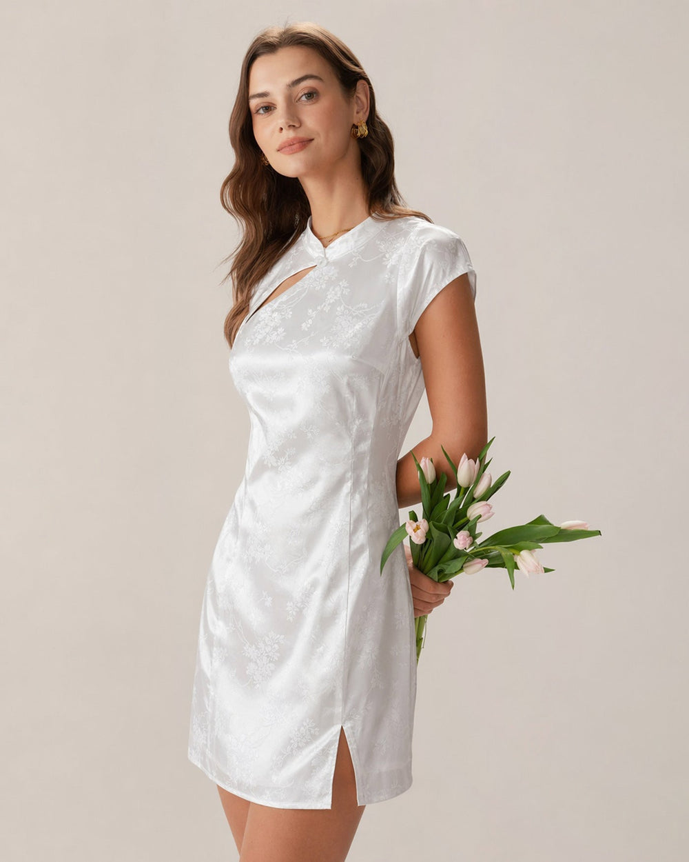 White Mandarin Collar Jacquard Mini Dress | Rihoas