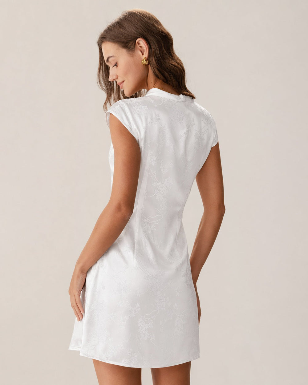 White Mandarin Collar Jacquard Mini Dress | Rihoas