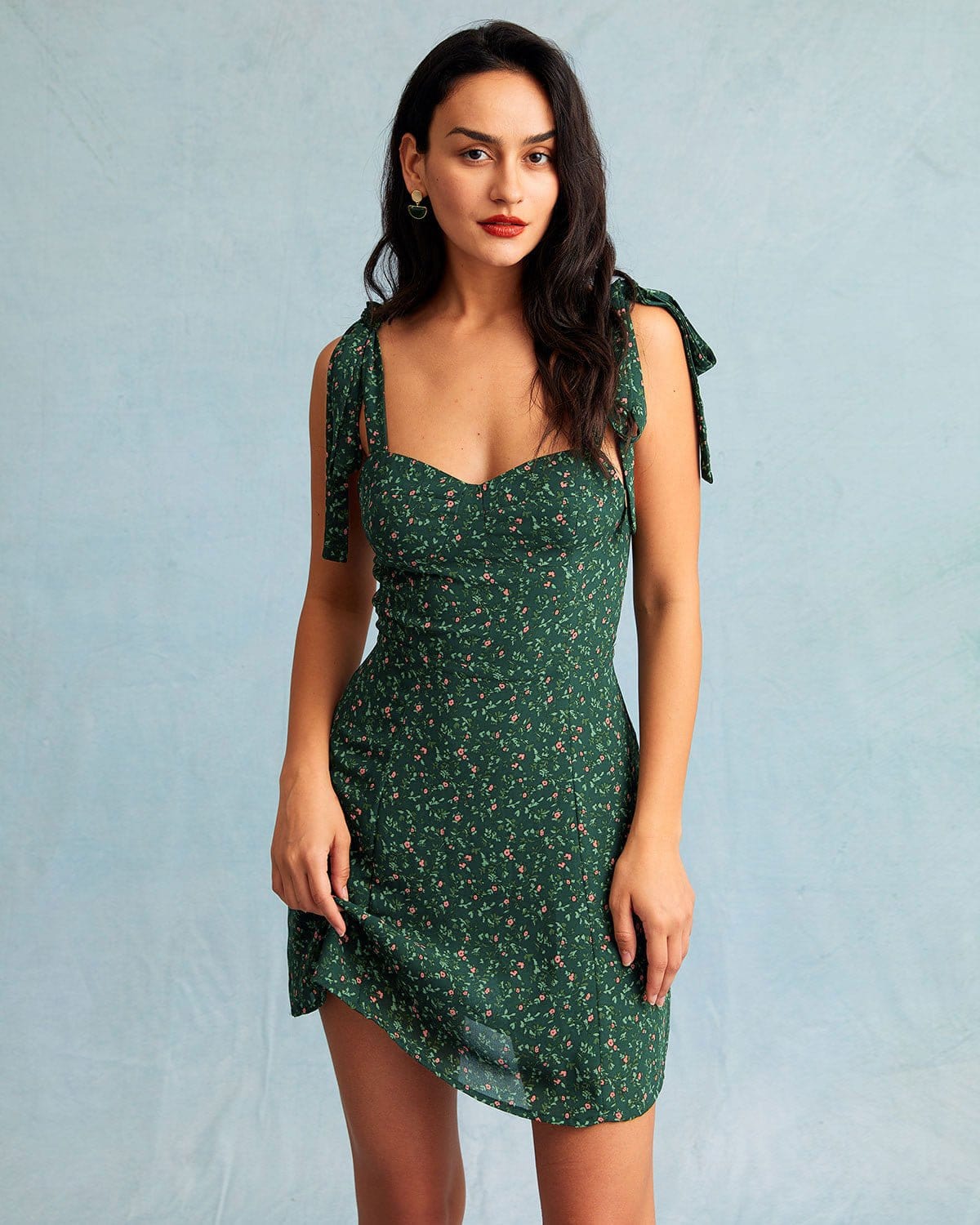 The Green Sweetheart Neck Floral Slip Mini Dress | Rihoas