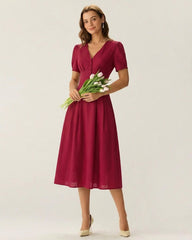 Red V Neck Midi Dress | Rihoas