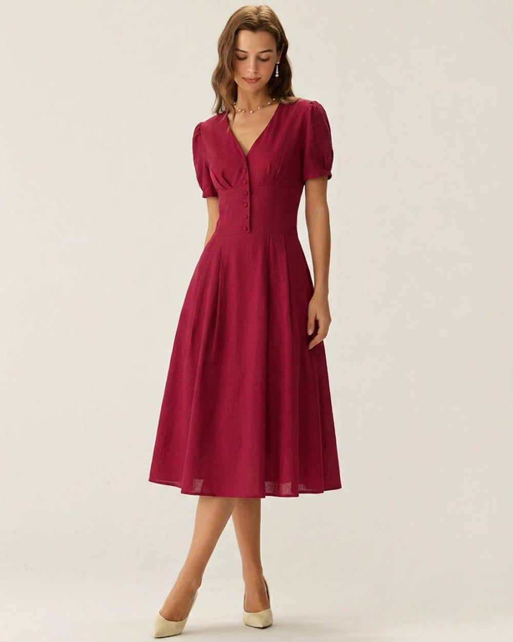 Red V Neck Midi Dress | Rihoas