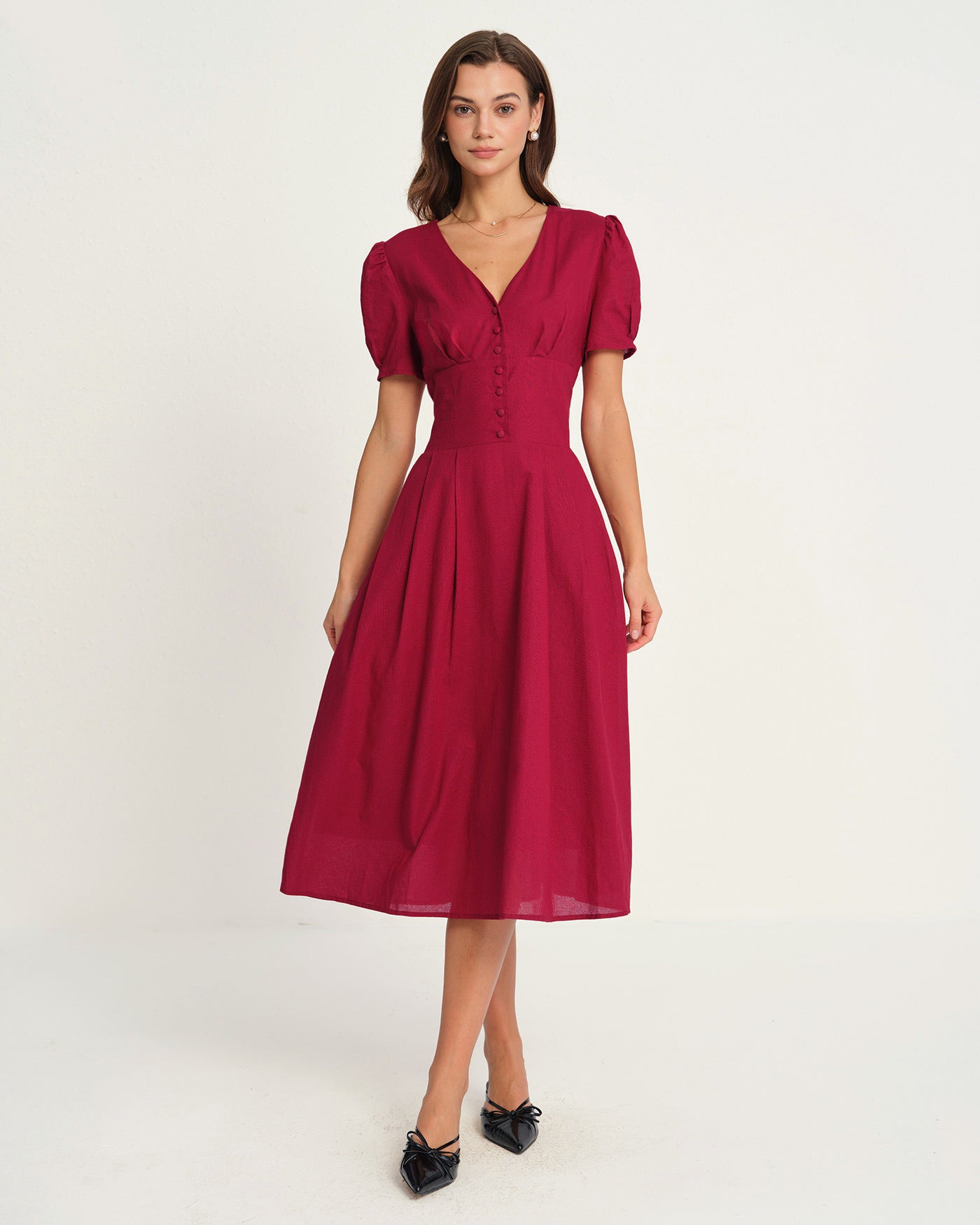 Red V Neck Midi Dress | Rihoas