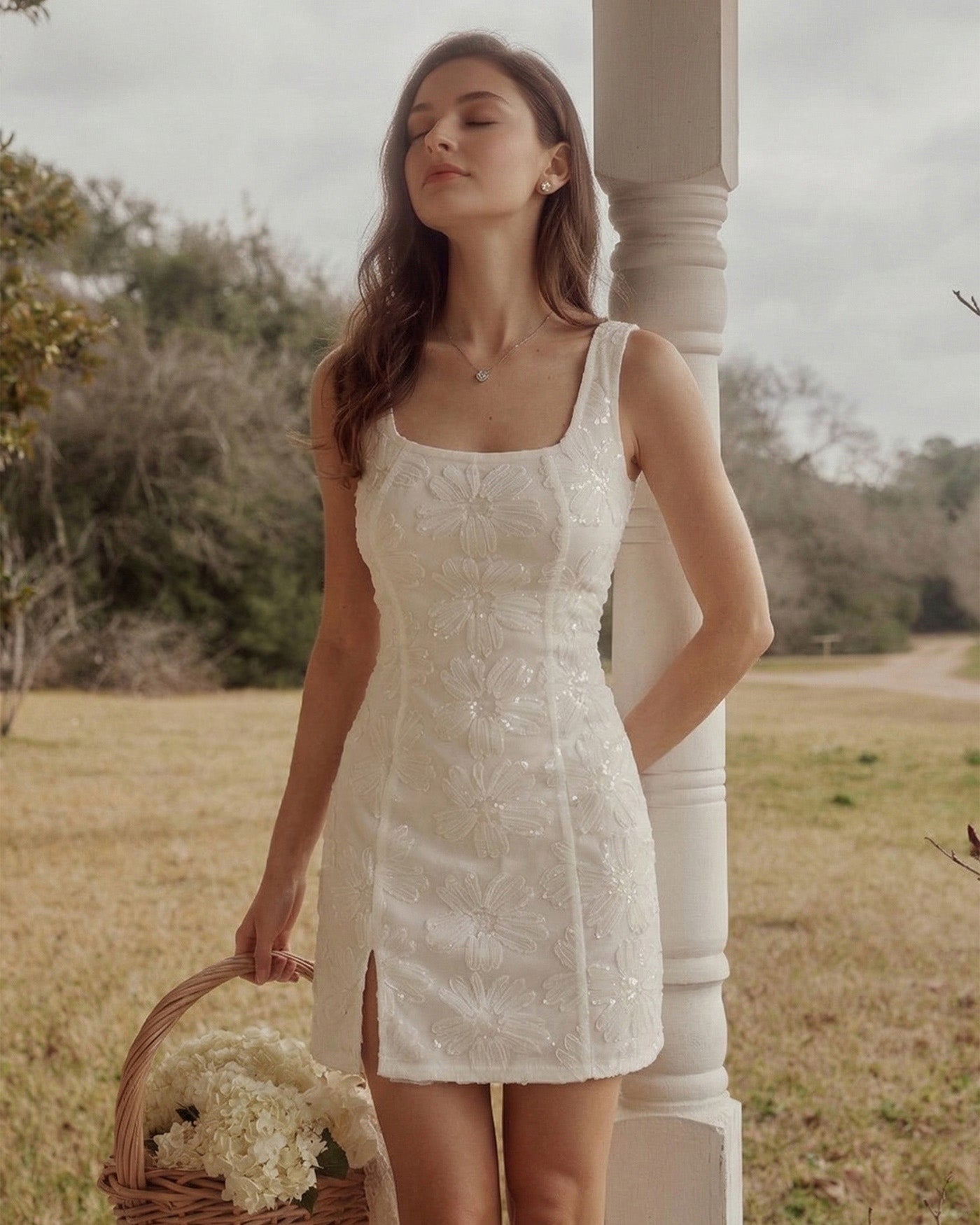 Beige Sequins Floral Mini Dress | Rihoas