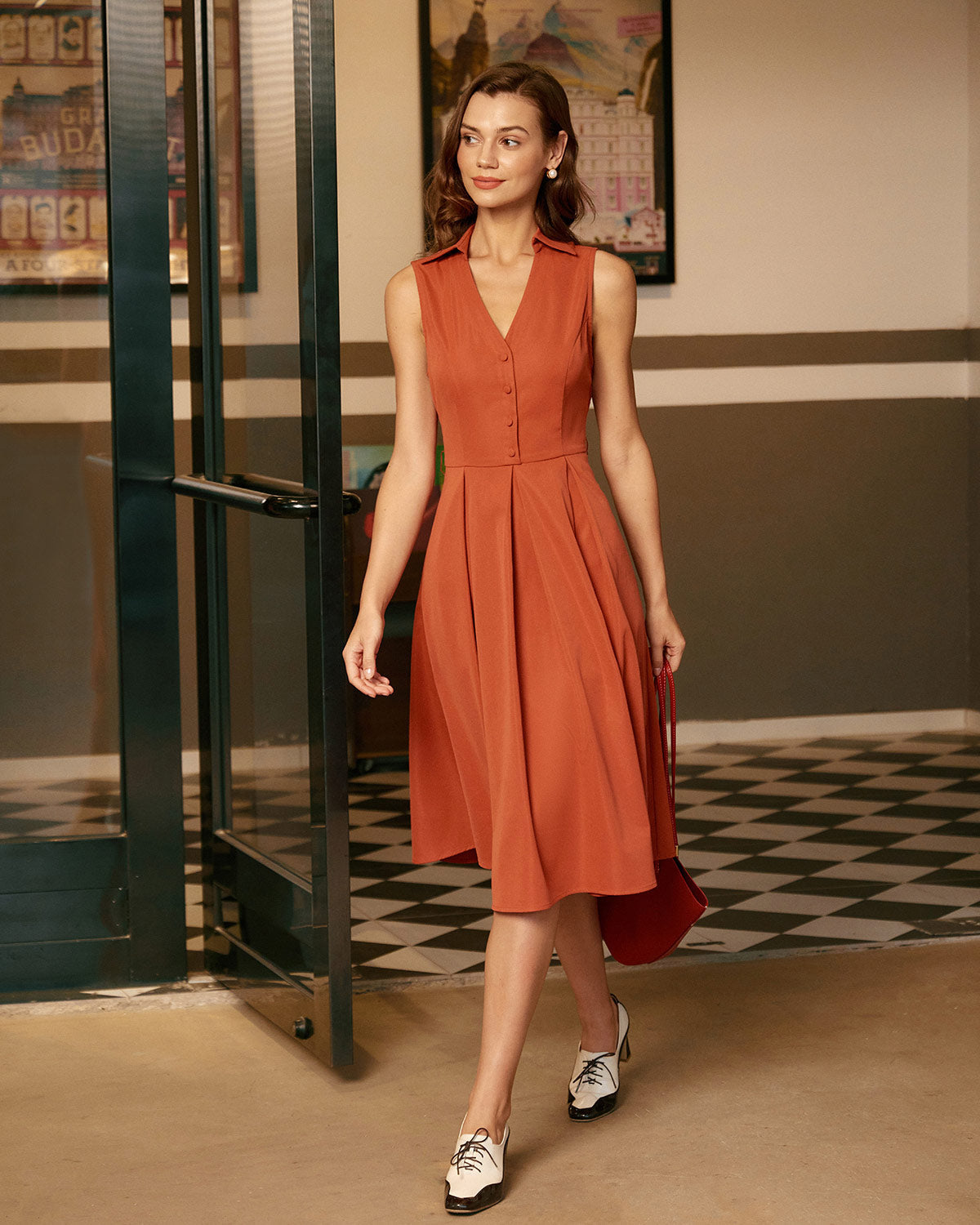 Red Button Sleeveless Midi Dress | Rihoas